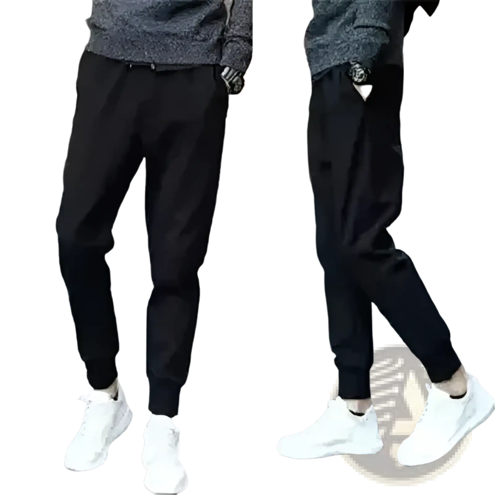 Black jogger pants with elastic cuffs and relaxed fit shown with distressed slim fit light wash denim jeans