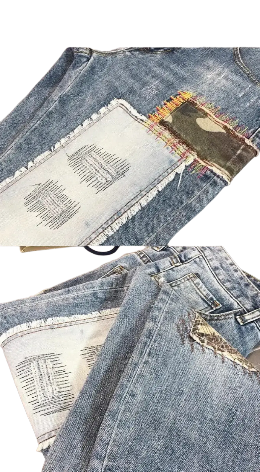 Distressed slim fit light wash denim jeans with patchwork design featuring frayed edges faded white and camouflage panels