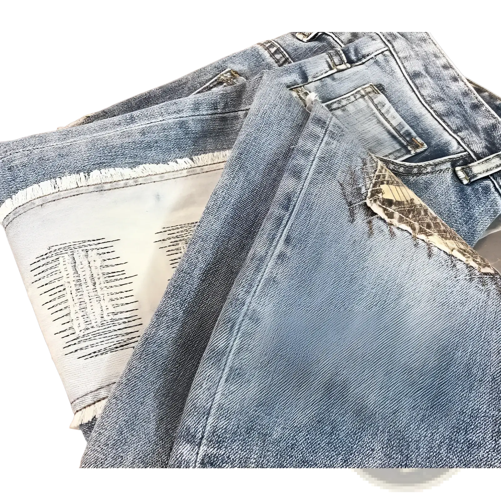 Distressed slim fit light wash denim jeans with frayed edges, snake-skin texture patch, and black stitching