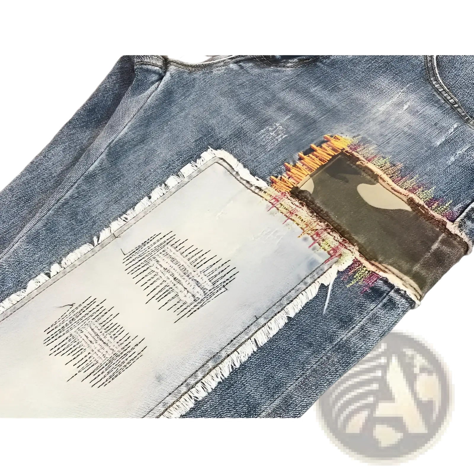 Distressed slim fit light wash denim jeans with patchwork design including faded white and camouflage fabric sections