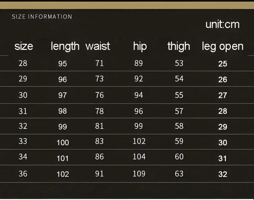 Size information chart for distressed slim fit light wash denim jeans showing measurements in centimeters for sizes 28 to 36