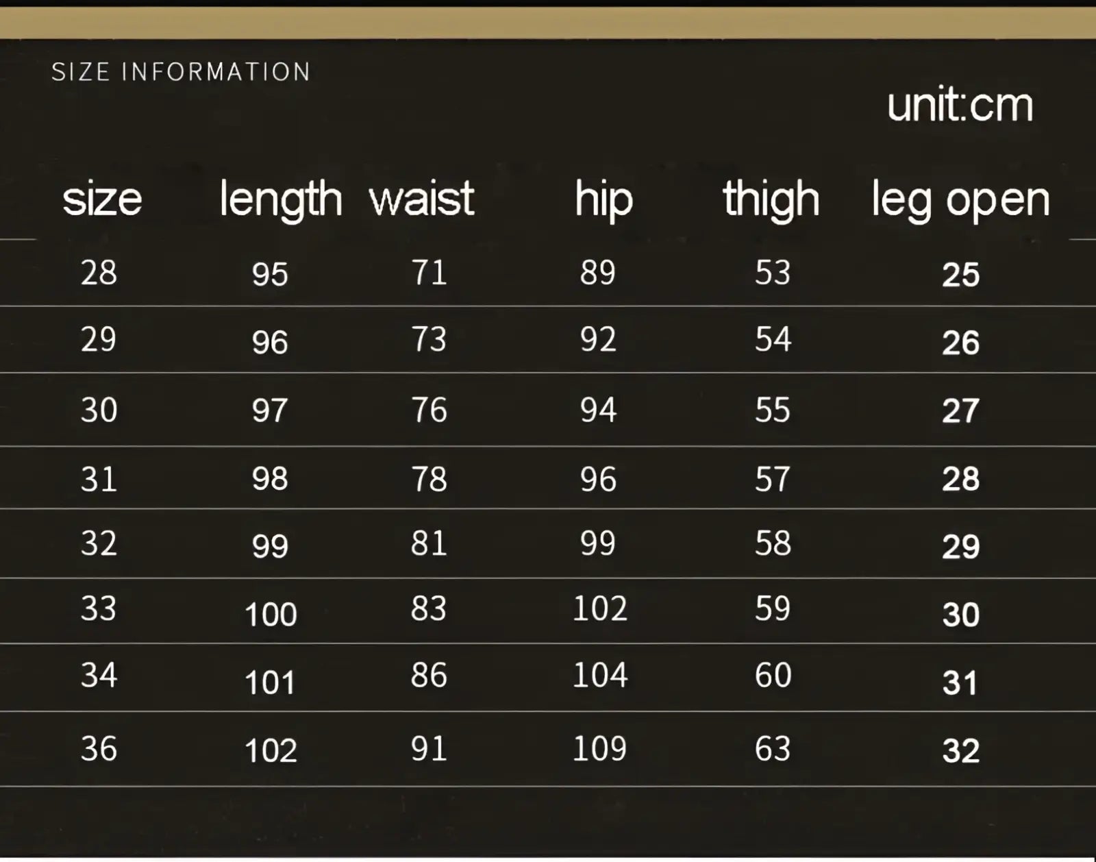 Size information chart for distressed slim fit light wash denim jeans showing measurements in centimeters for sizes 28 to 36