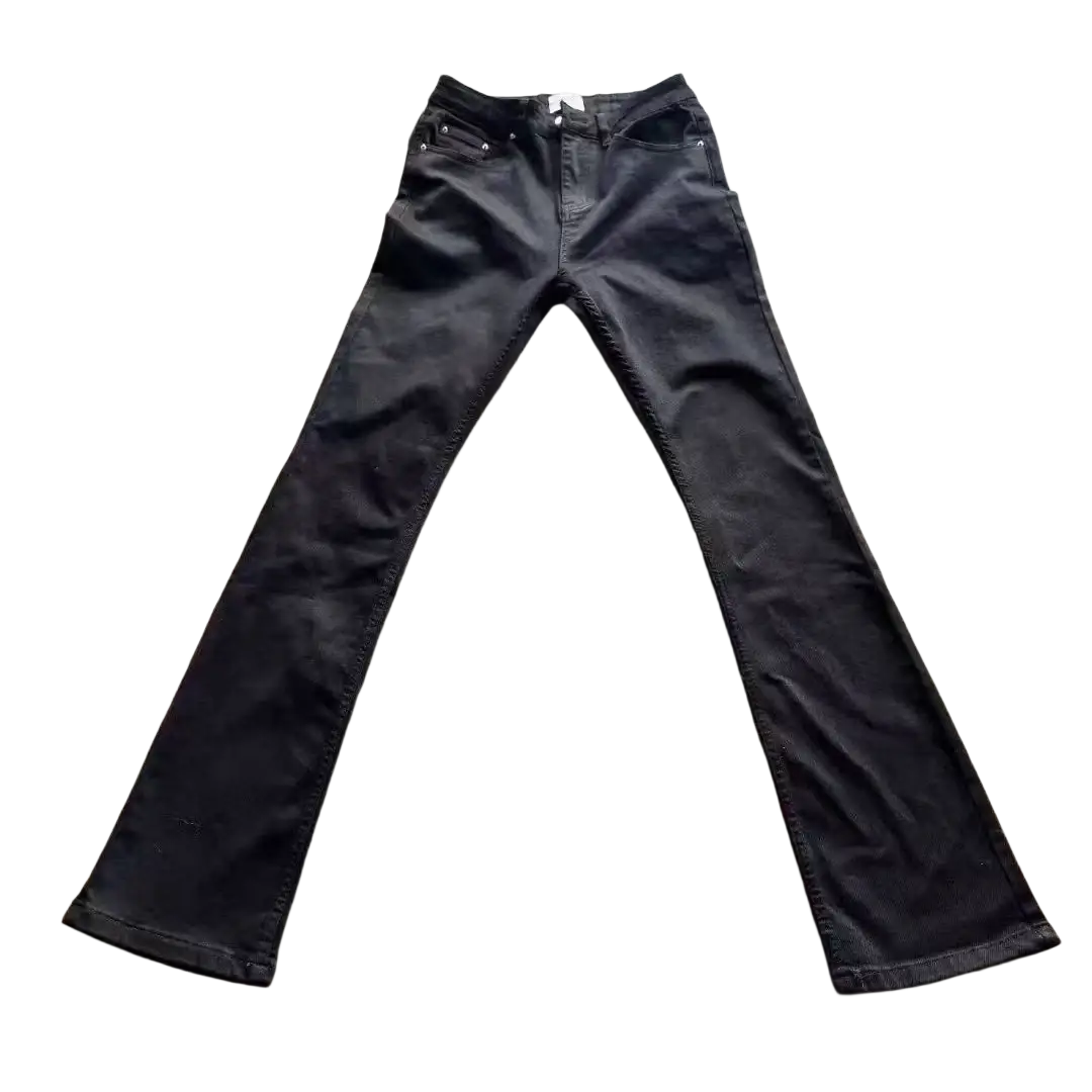 Black denim distressed slim flare jeans with high waist and straight leg cut shown from the front side