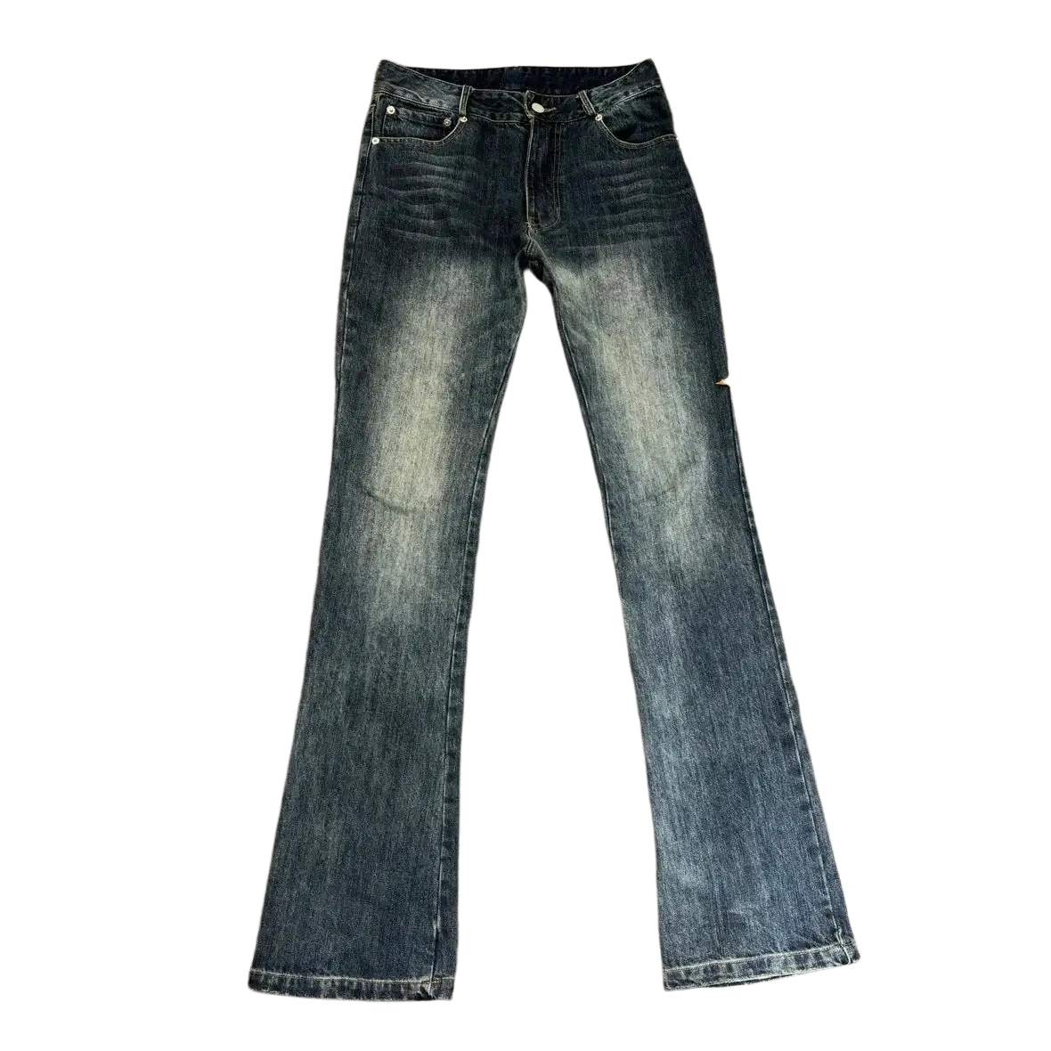 Distressed slim flare jeans in black denim featuring a dark wash with faded and slightly distressed details