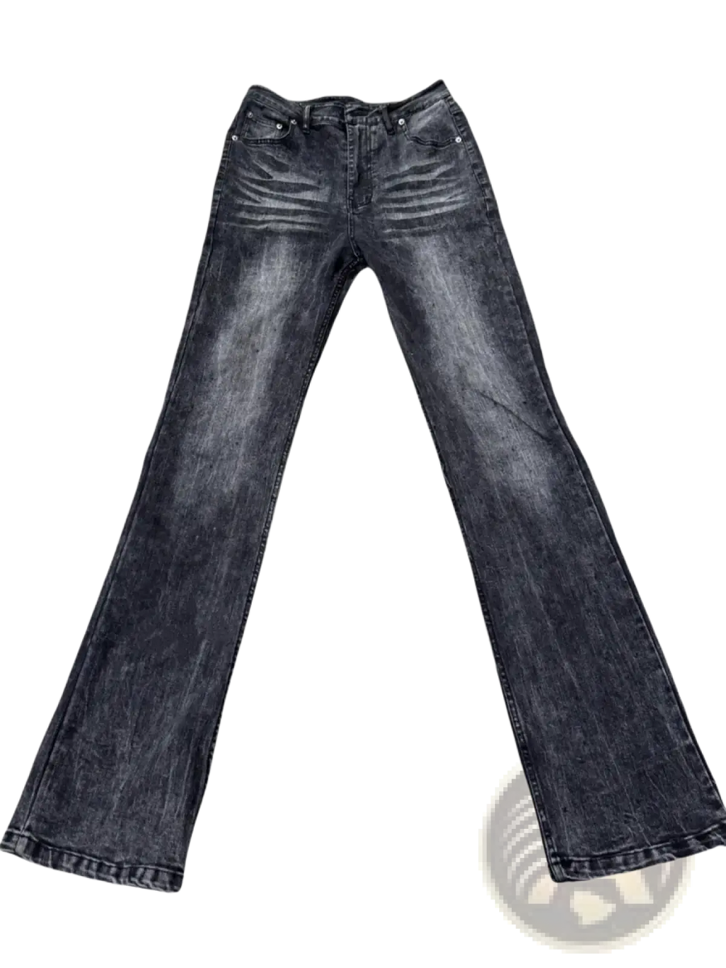 Distressed slim flare jeans in black denim featuring dark wash with slightly faded and distressed texture