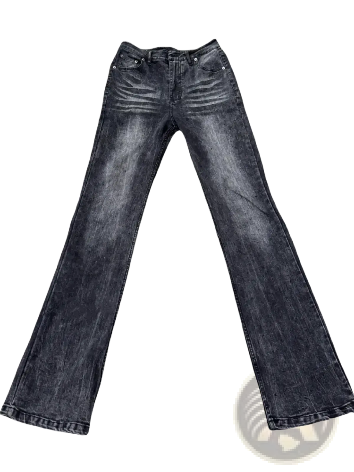 Distressed slim flare jeans in black denim featuring dark wash with slightly faded and distressed texture