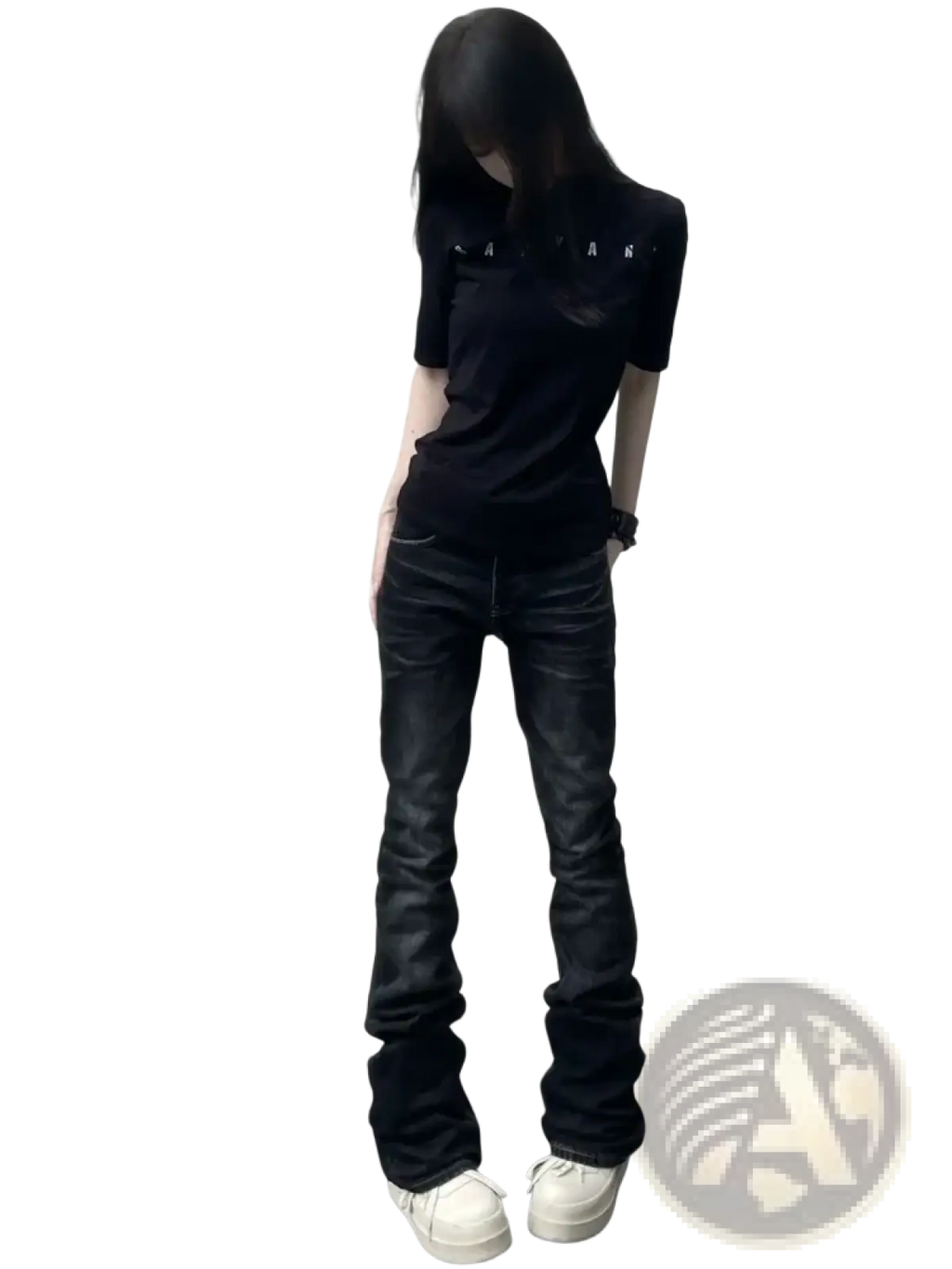 Black distressed slim flare jeans with subtle texture in black denim for a stylish casual look
