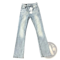 Distressed slim flare jeans made of black denim with light-wash subtle fading and classic stitching details