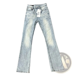 Distressed slim flare jeans made of black denim with light-wash subtle fading and classic stitching details