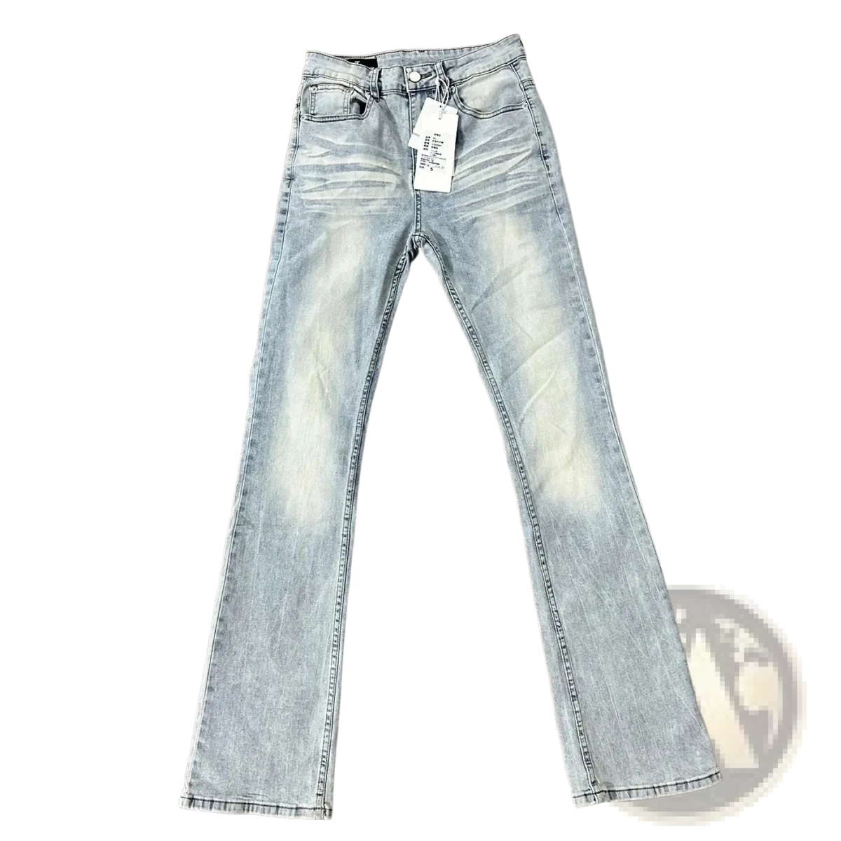 Distressed slim flare jeans made of black denim with light-wash subtle fading and classic stitching details