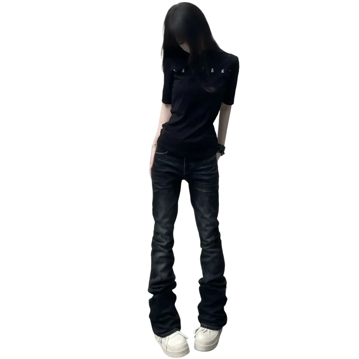 Black leather slim flare jeans with distressed texture combining style and comfort in premium black denim