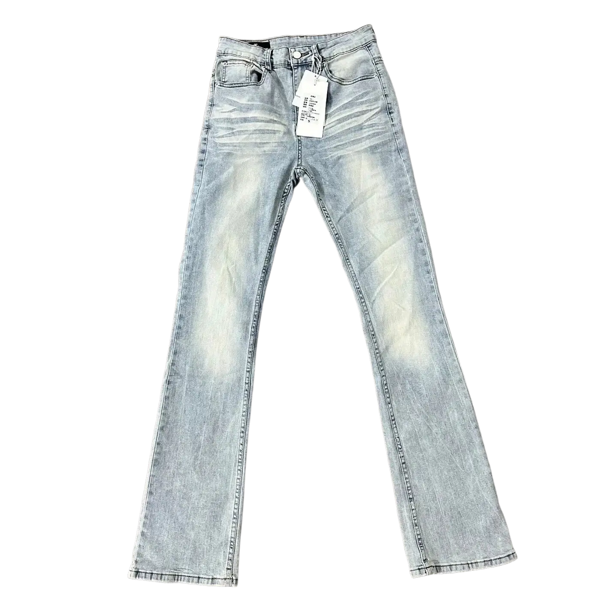 Distressed slim flare jeans made of black denim with light-wash subtle fading and classic stitching details