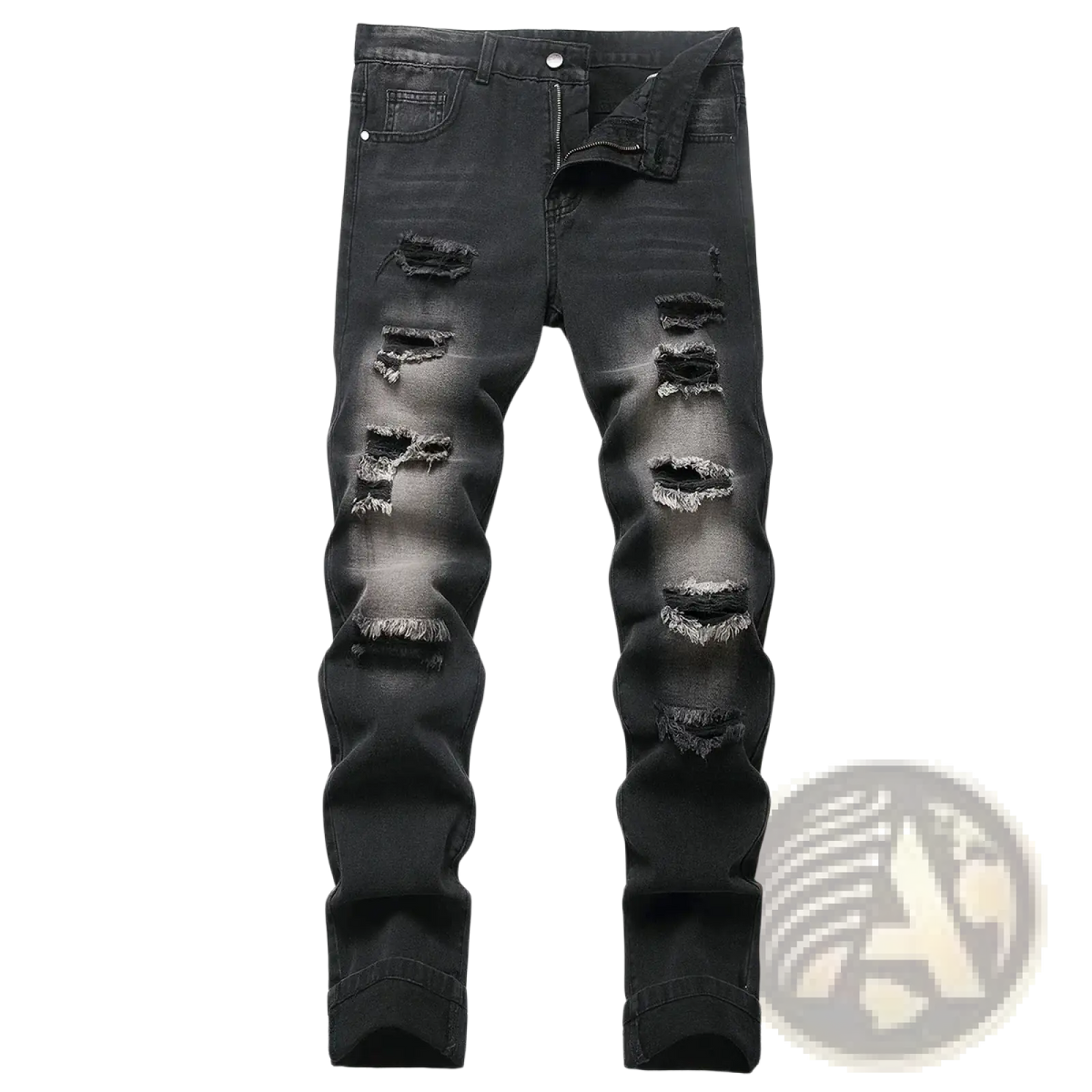 Distressed straight denim jeans for men in black with multiple ripped patches on front legs