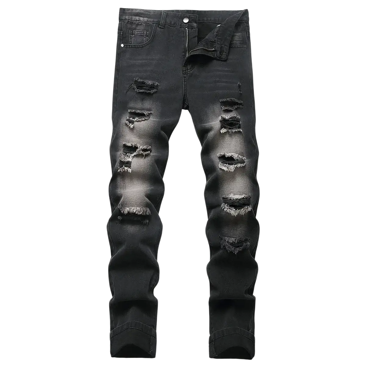 Distressed straight denim jeans for men in black with multiple ripped patches on front legs