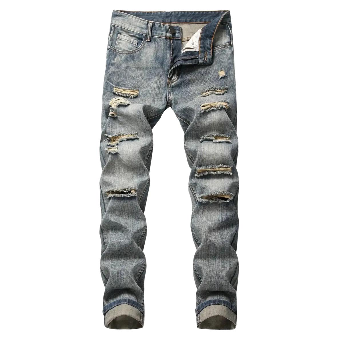 Distressed straight denim jeans for men in blue with multiple ripped patches and frayed edges made of denim material