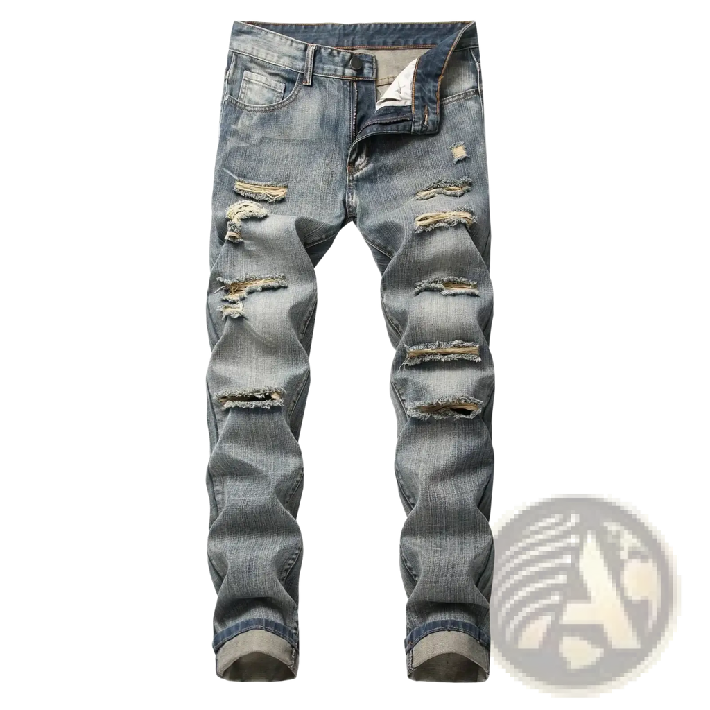 Distressed straight denim jeans for men in blue with multiple ripped patches and frayed edges made of denim material