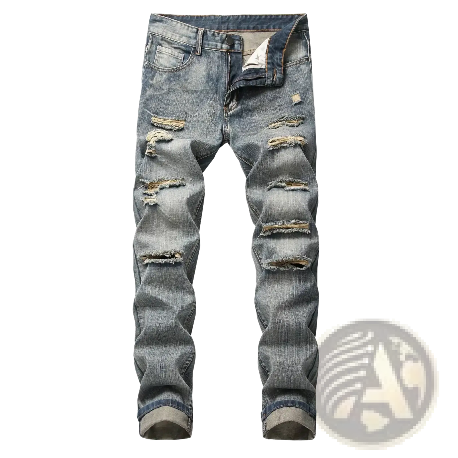 Distressed straight denim jeans for men in blue with multiple ripped patches and frayed edges made of denim material