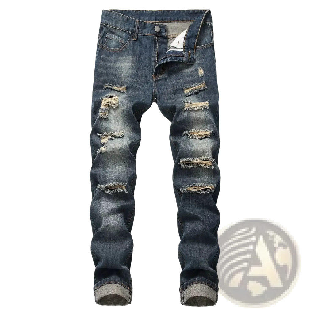Distressed straight denim jeans for men in dark blue with multiple frayed tear patches and rolled cuffs