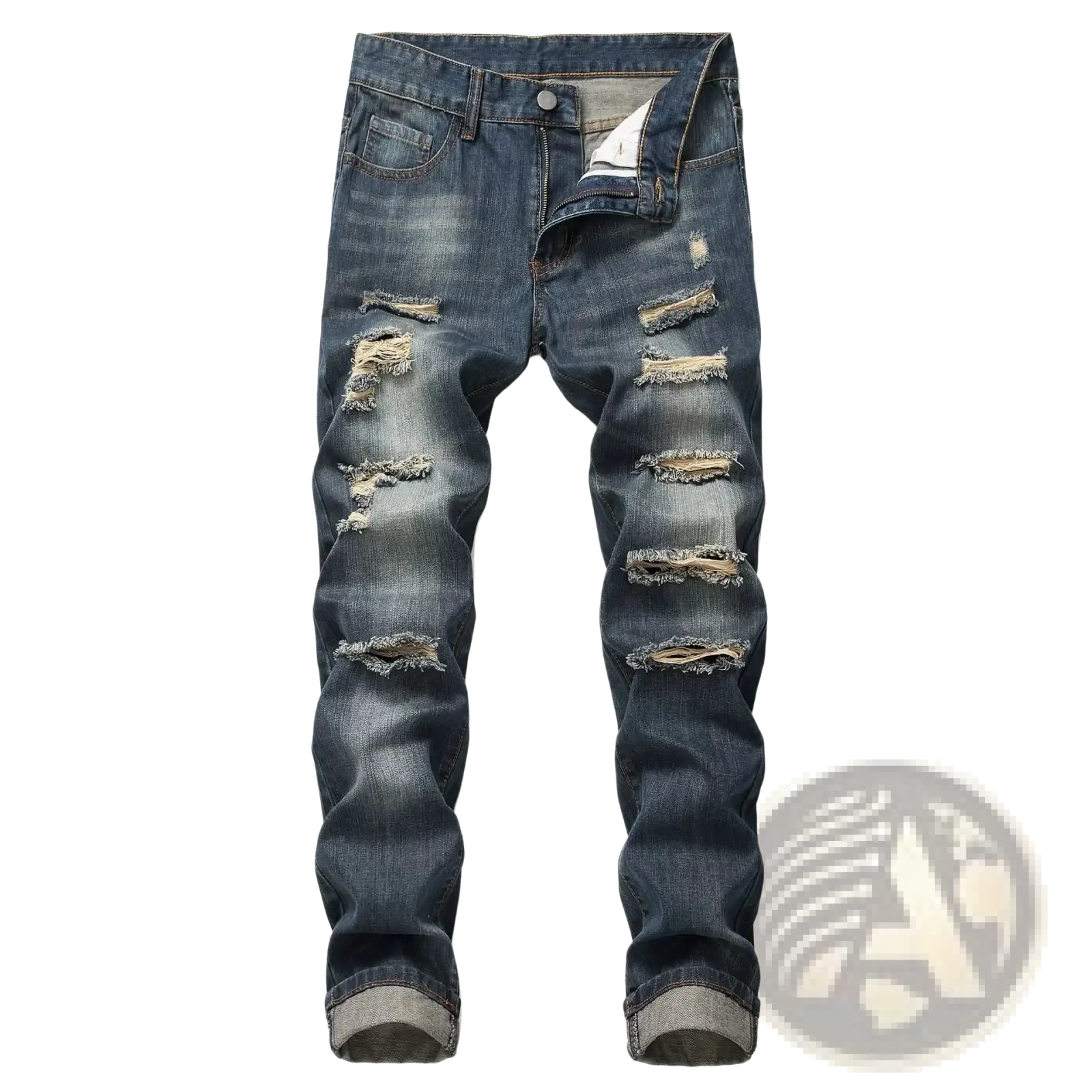 Distressed straight denim jeans for men in dark blue with multiple frayed tear patches and rolled cuffs