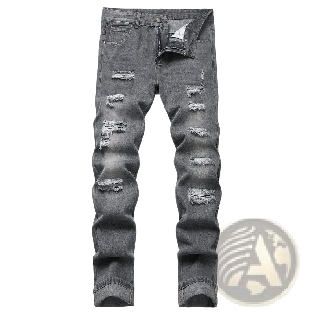 Distressed straight denim jeans for men in dark gray with multiple frayed tear patches along the legs
