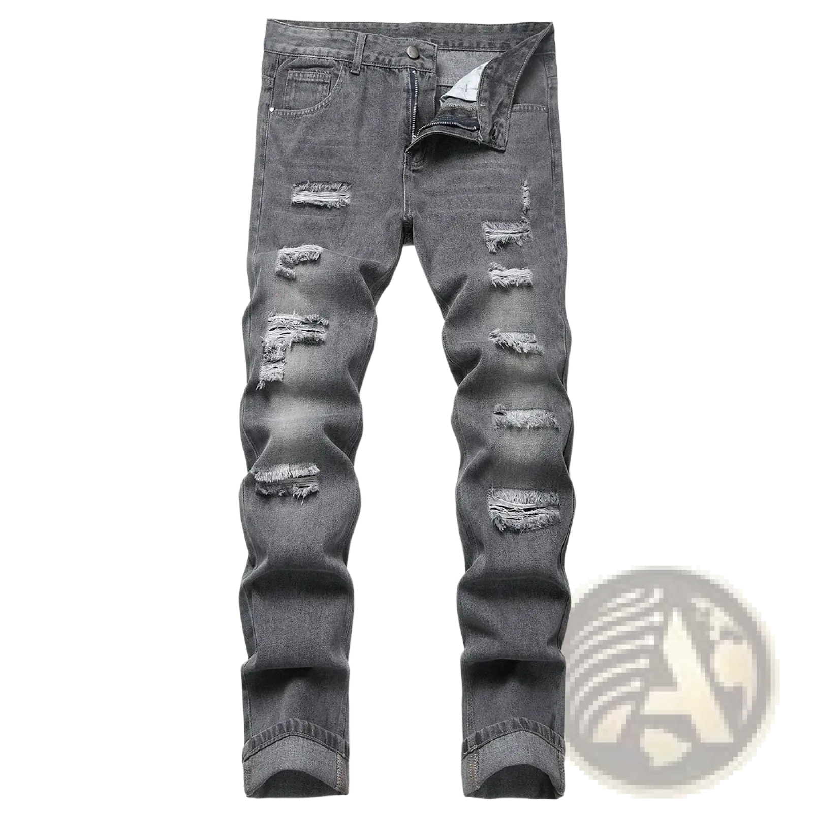 Distressed straight denim jeans for men in dark gray with multiple frayed tear patches along the legs