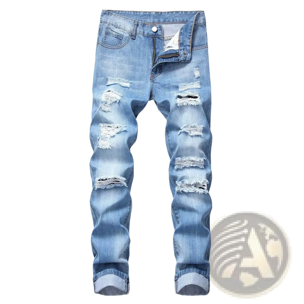 Distressed straight denim jeans for men in light wash with multiple rips, frayed edges, and a classic five-pocket design