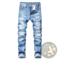Distressed straight denim jeans for men in light wash with multiple rips, frayed edges, and a classic five-pocket design