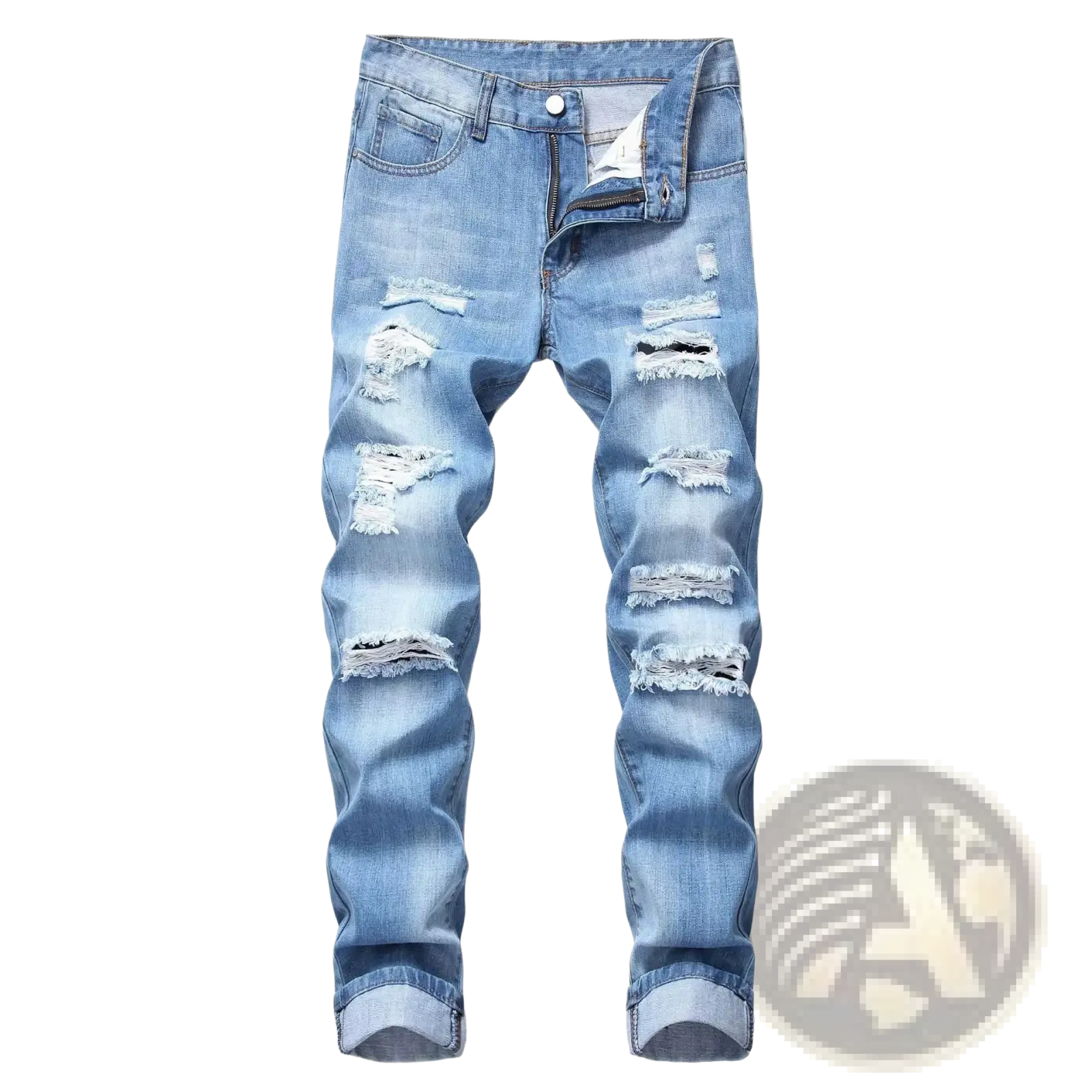 Distressed straight denim jeans for men in light wash with multiple rips, frayed edges, and a classic five-pocket design