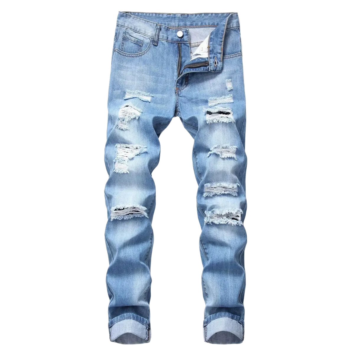 Distressed straight denim jeans for men in light wash with multiple rips, frayed edges, and a classic five-pocket design