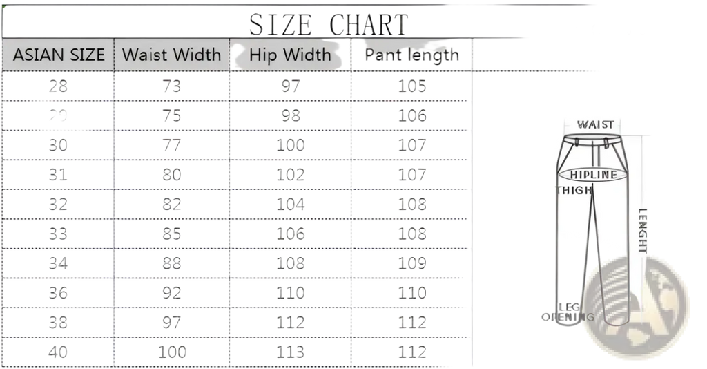 Size chart for distressed straight denim jeans for men showing asian sizing waist hip and length measurements in cm