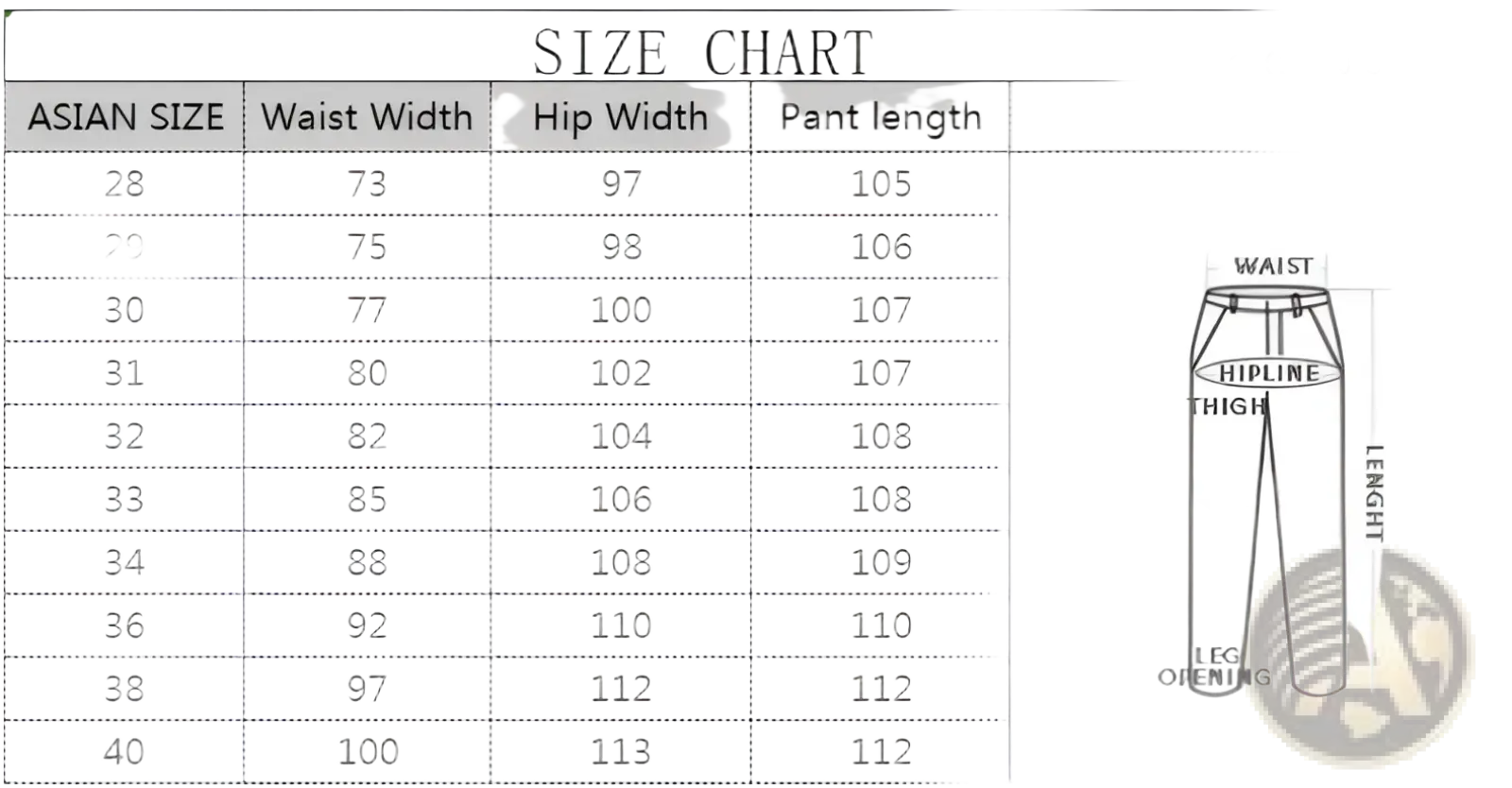Size chart for distressed straight denim jeans for men showing asian sizing waist hip and length measurements in cm