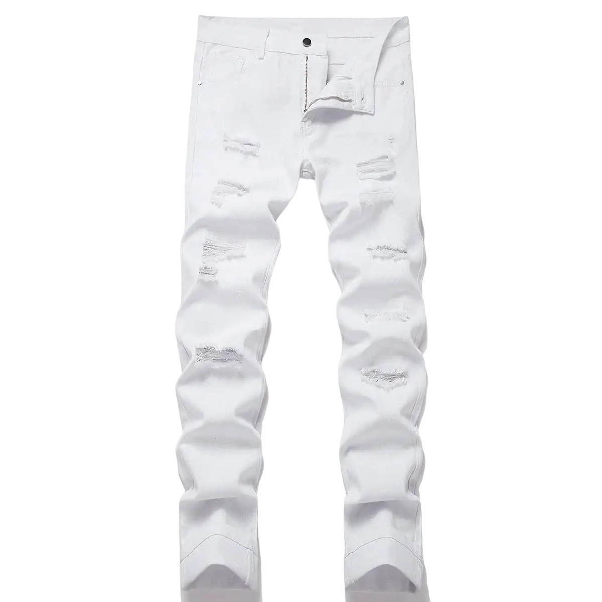 Distressed straight denim jeans for men in white with multiple ripped patches and a slim fit design