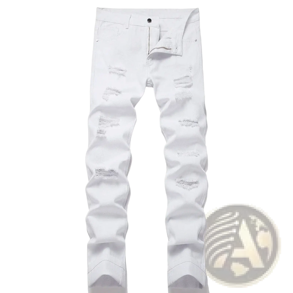 Distressed straight denim jeans for men in white with multiple ripped patches and a slim fit design