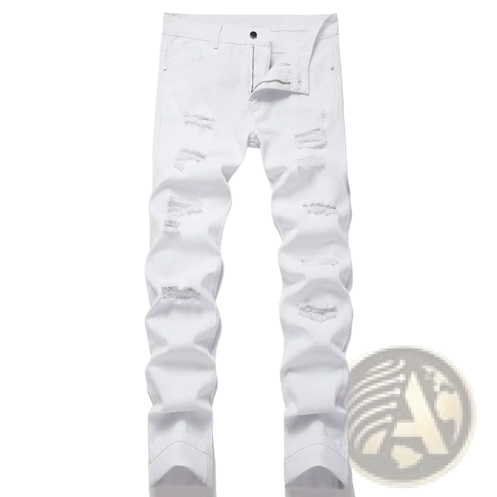 Distressed straight denim jeans for men in white with multiple ripped patches and a slim fit design
