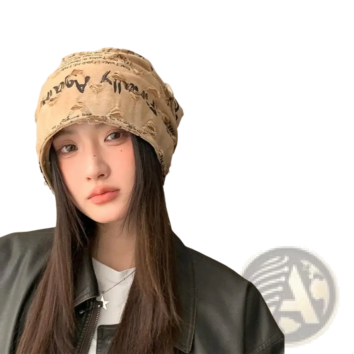 Beige distressed fabric streetwear beanie hat with black handwritten text and frayed edges for casual wear