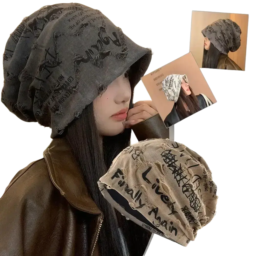 Distressed dark gray fabric streetwear beanie hat with black graffiti lettering and frayed edges for casual wear