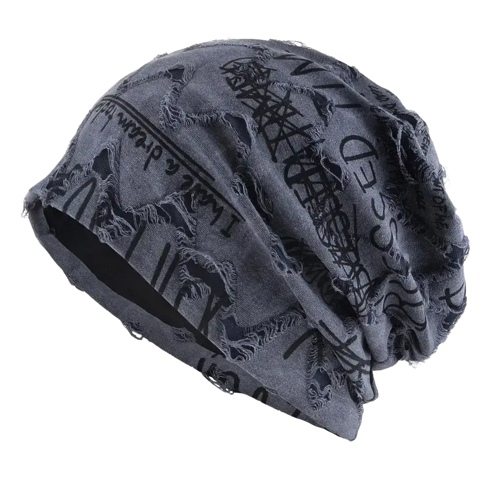 A distressed streetwear gray beanie hat with faded black graphic print and frayed edges