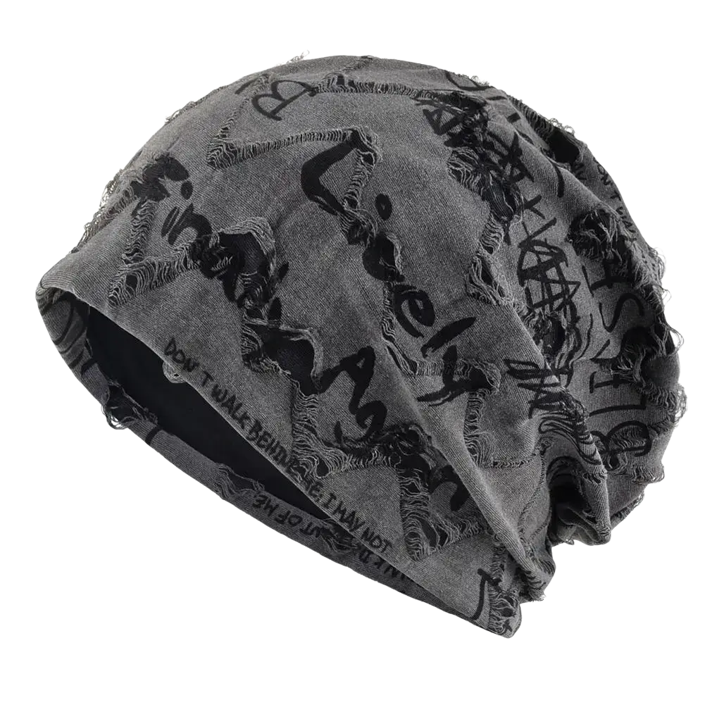 A distressed gray streetwear beanie hat with black graffiti-style lettering and frayed edges
