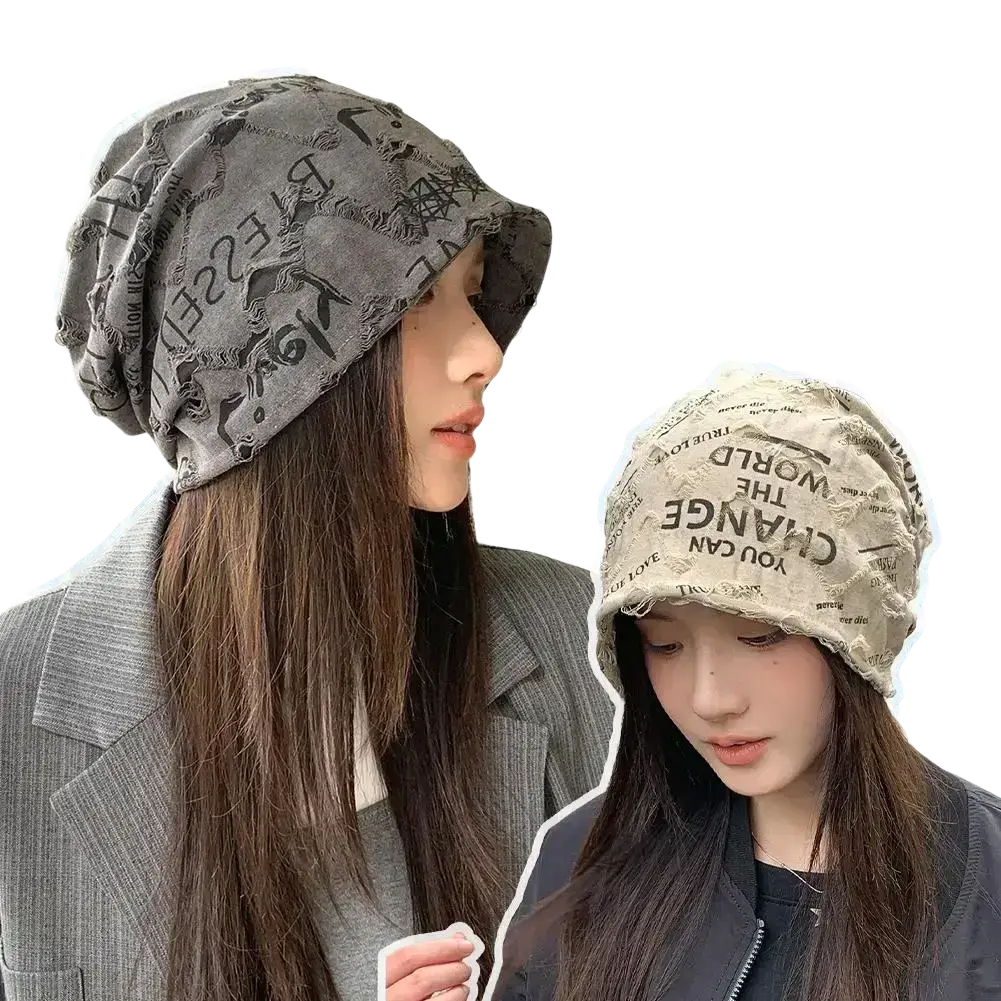 Gray and beige slouchy streetwear beanie hats with distressed typographic prints perfect for casual wear