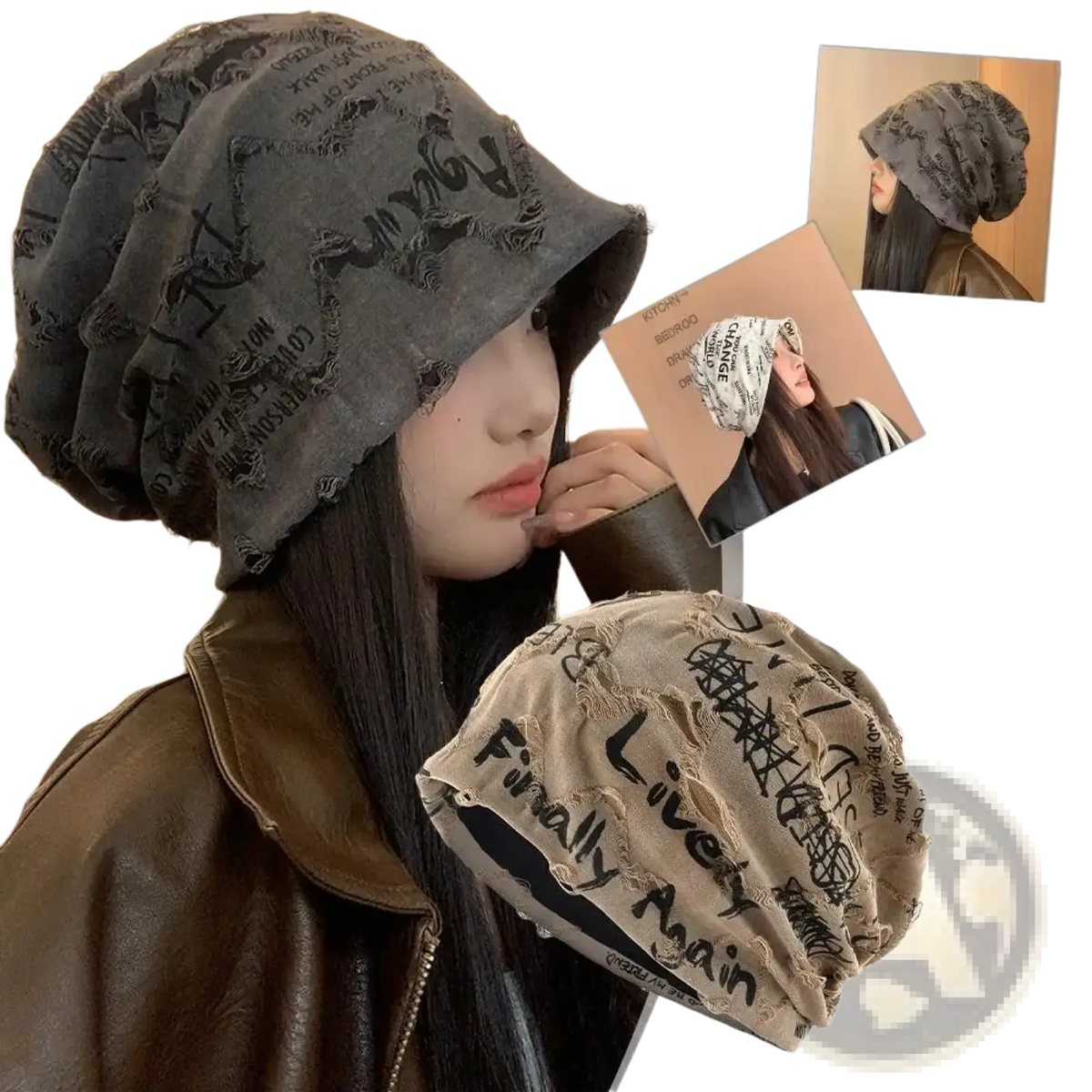 Distressed streetwear beanie hat in gray with frayed edges and black typographic prints on a soft knit fabric