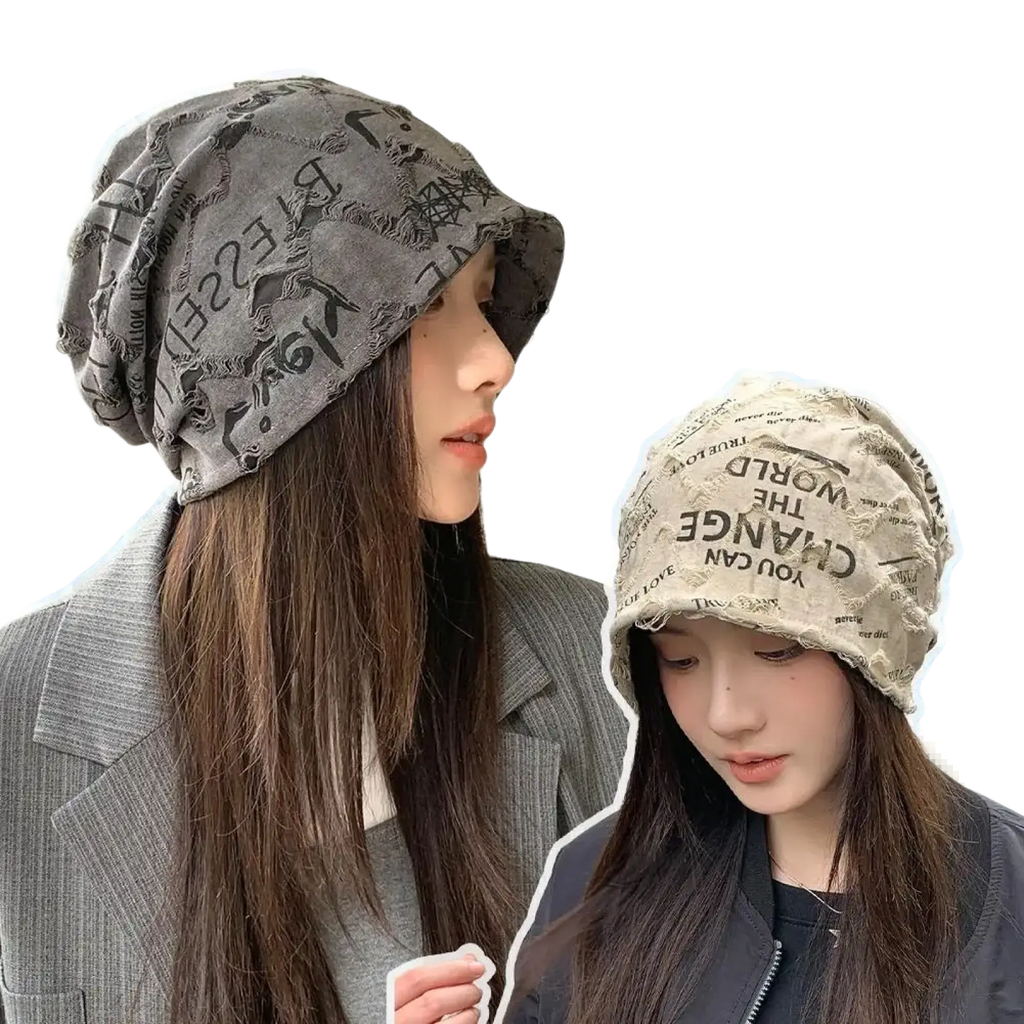Gray distressed streetwear beanie hat with letter print, vintage style, slouchy fit, and worn edges