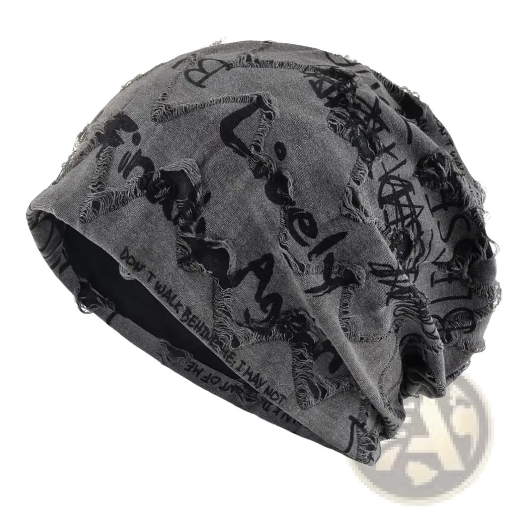 A distressed gray streetwear beanie hat with black graffiti-style lettering and frayed edges