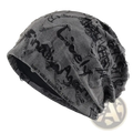 A distressed gray streetwear beanie hat with black graffiti-style lettering and frayed edges