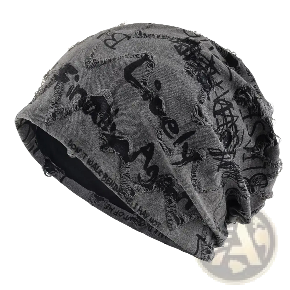 A distressed gray streetwear beanie hat with black graffiti-style lettering and frayed edges