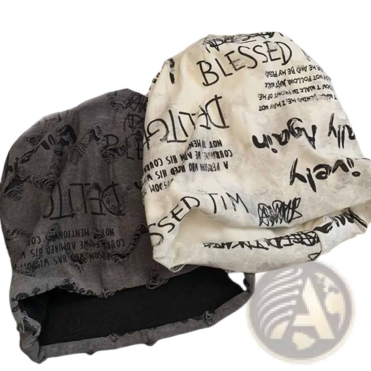 Distressed streetwear beanie hats featuring drawstrings in faded gray and off-white with black graffiti text prints
