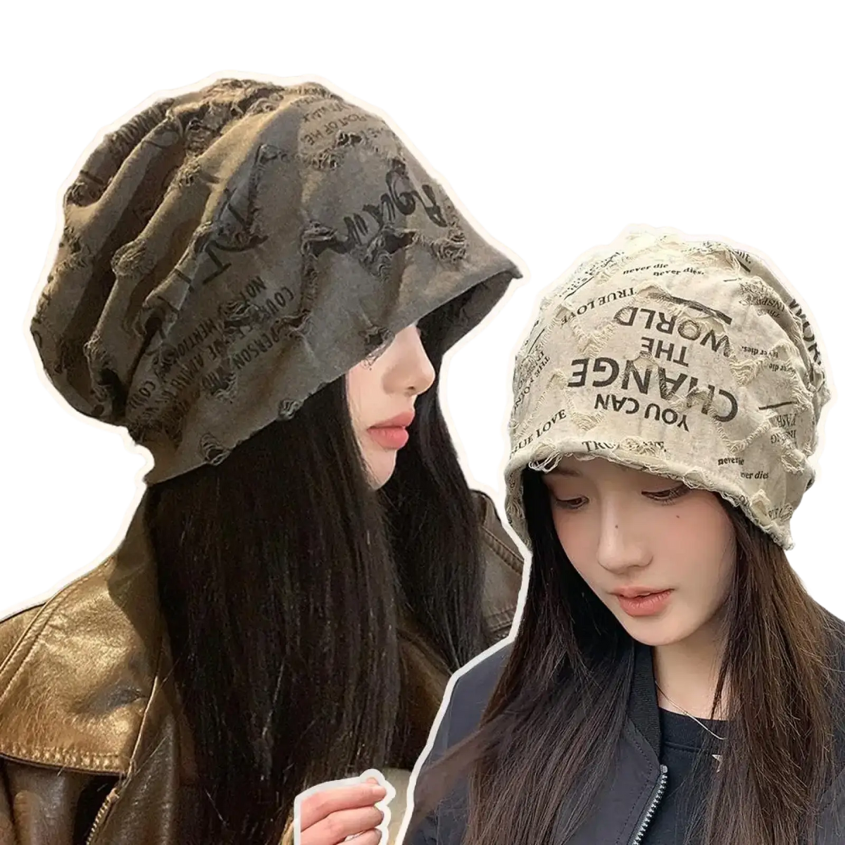 Distressed streetwear beanie hat in muted earth tones with a vintage letter print and soft fabric featuring frayed edges