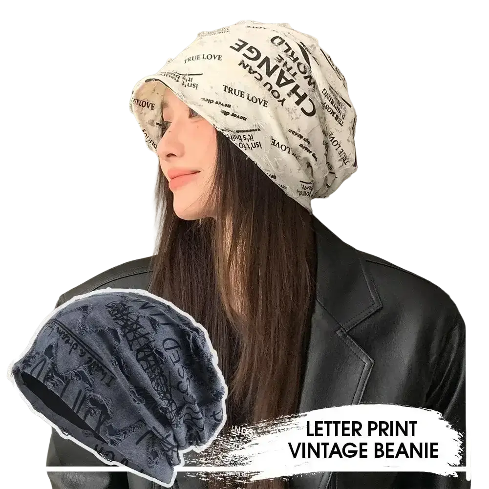 Distressed streetwear beanie hat in white with black letter print and faded vintage texture for casual wear