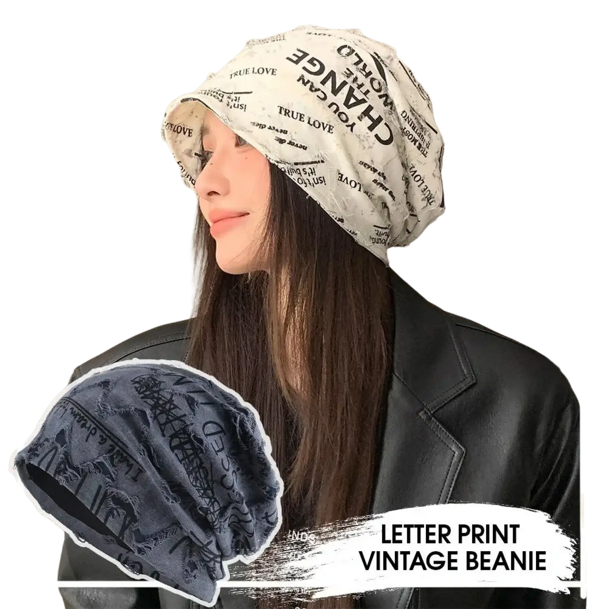 A white vintage beanie with black lettering and distressed texture designed for streetwear fashion
