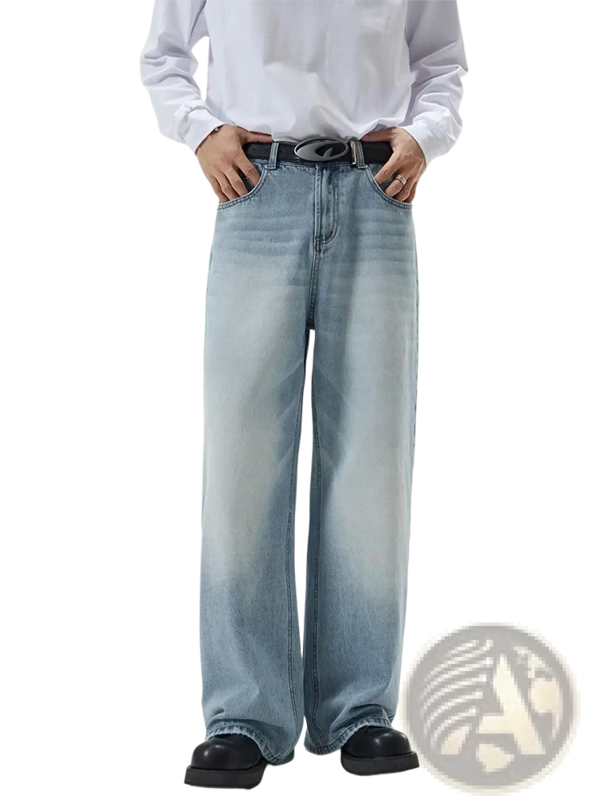 Distressed vintage baggy men denim jeans in light-wash denim with a wide-leg cut and faded gradient effect