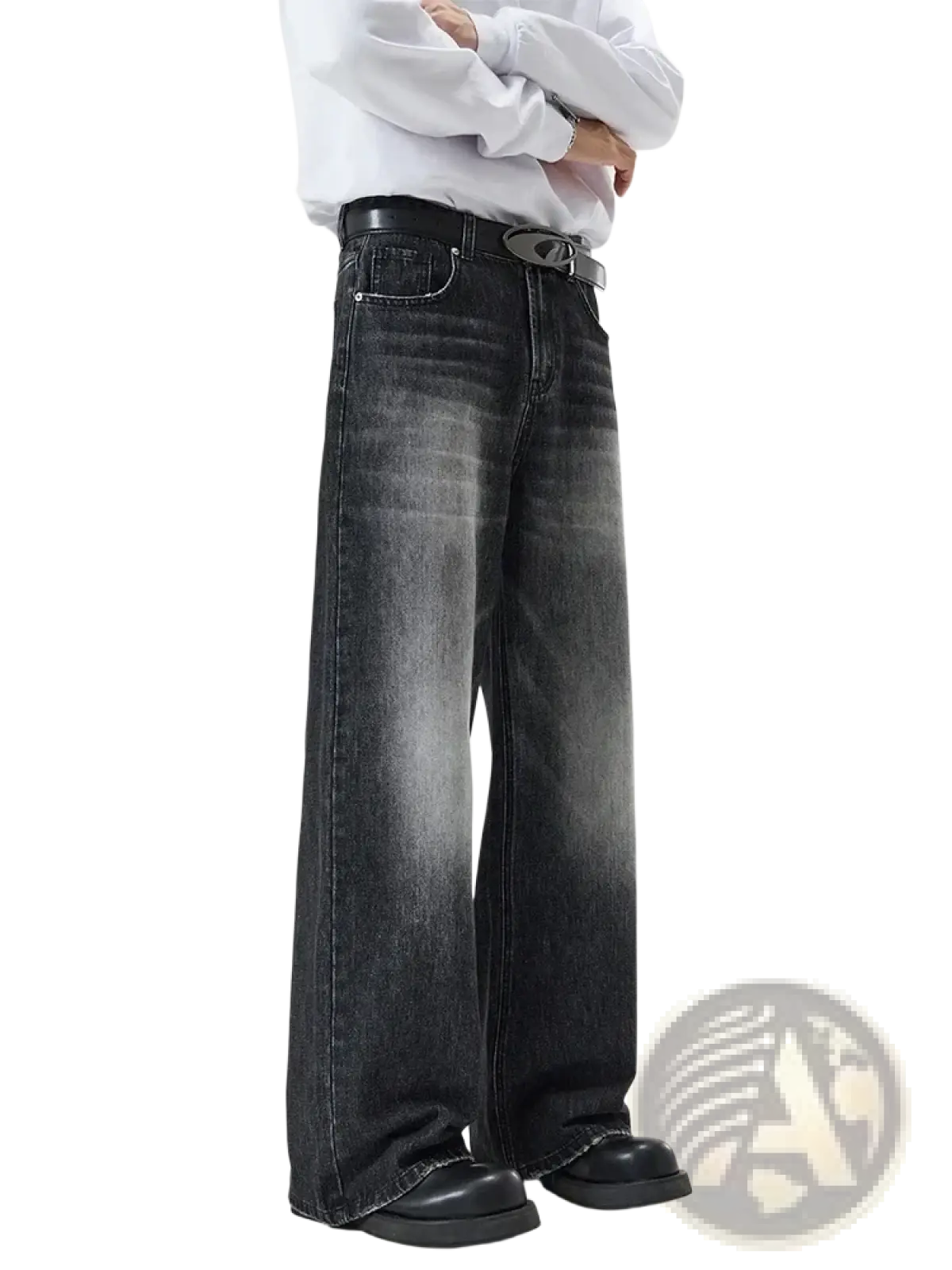 Distressed vintage baggy men denim jeans in black wide-leg denim with a faded, distressed wash and classic five pockets